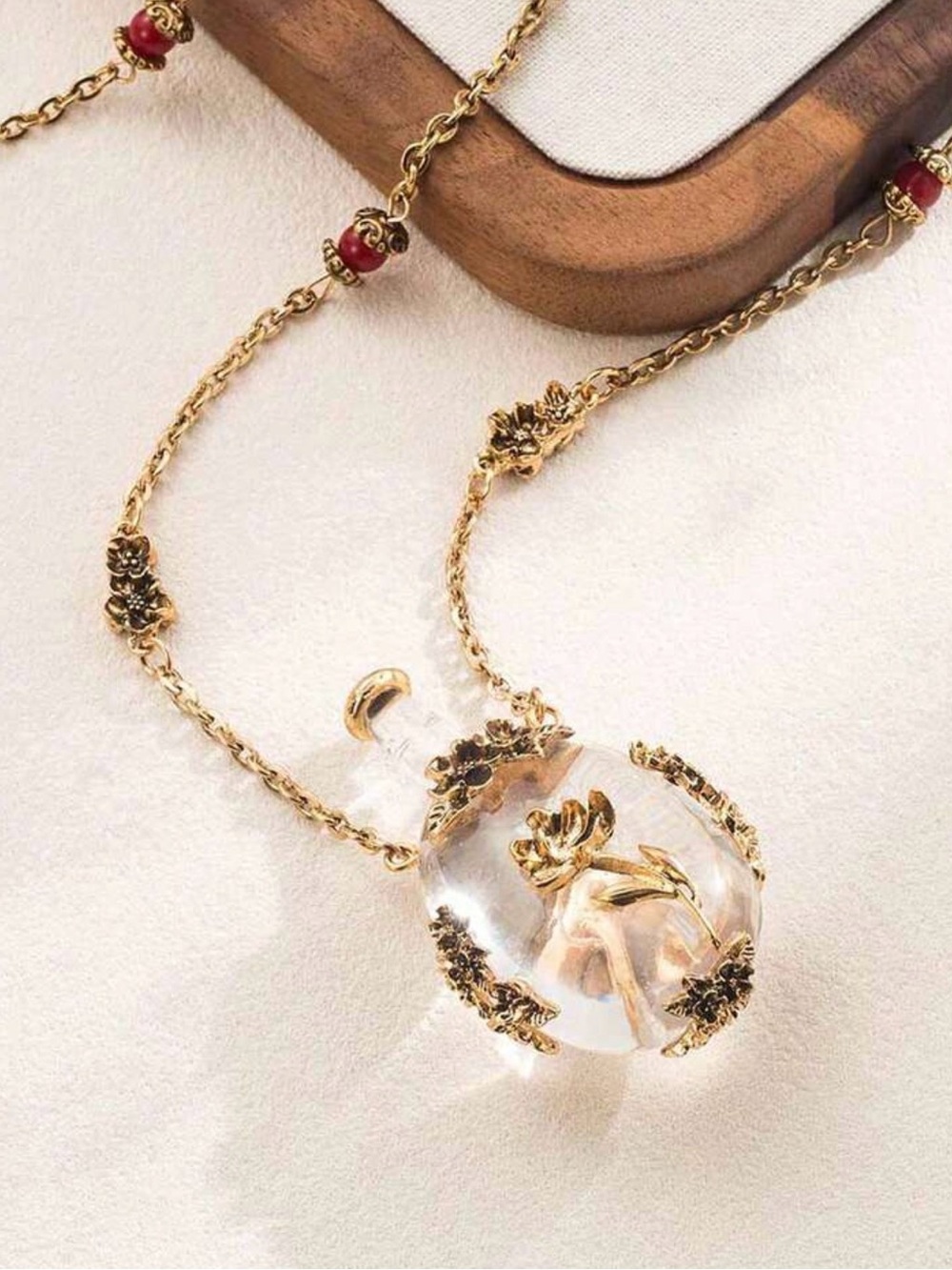 Apothecary Tiny Bottle Floral Motif Gold Necklace Long Jewelry Red Bead Gift NEW - Picture 2 of 12